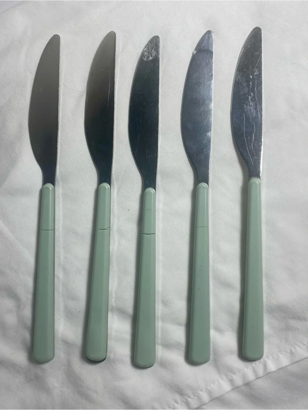Vintage Set of 5 Green Handle Stainless Steel Table Knives